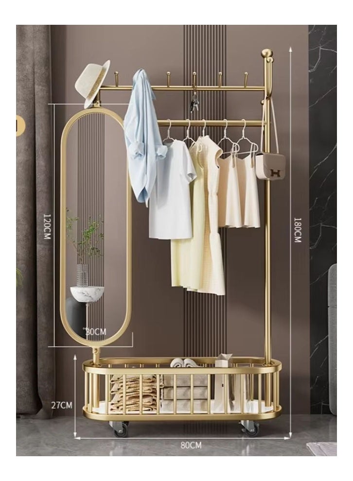 NKX Thickened Medium Light Luxury Gold 80cm Coat Rack [Rotating Mirror, 4-Hook Storage Basket, Universal Wheels] - Image 2