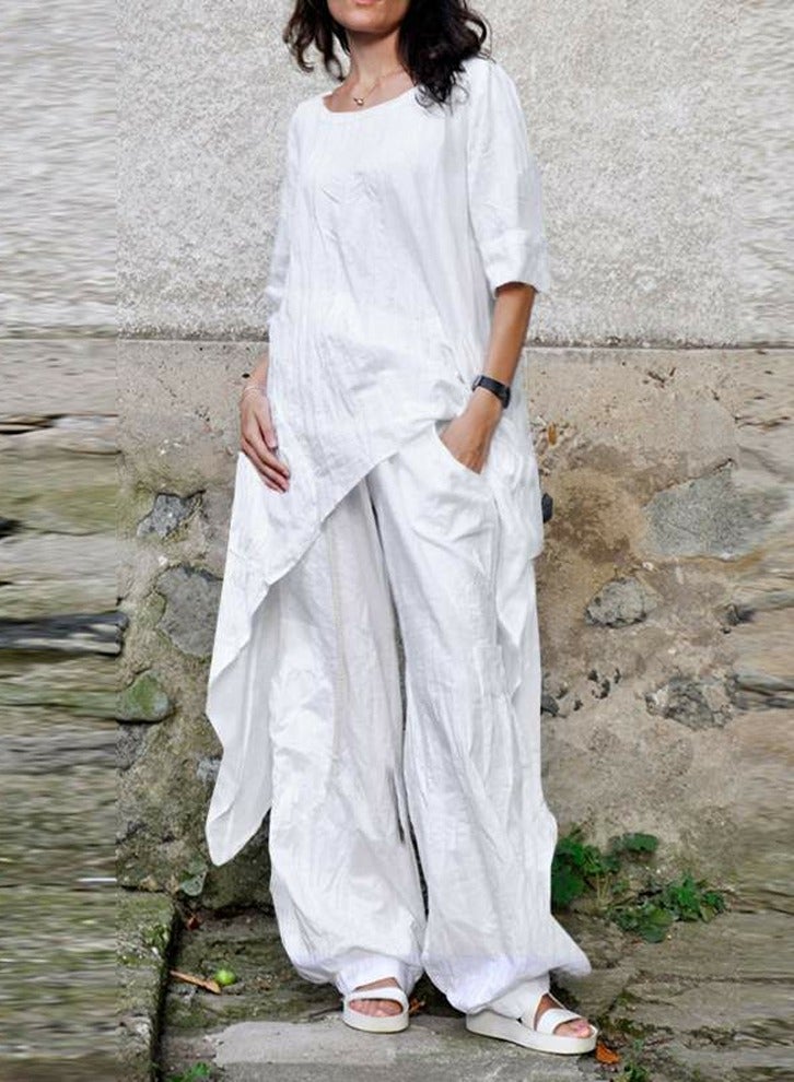 Loquat Women's Solid Casual Set Asymmetric Hem Top Blouse Loose Long Pants With Pockets 2 Piece Loungewear White  - Image 2