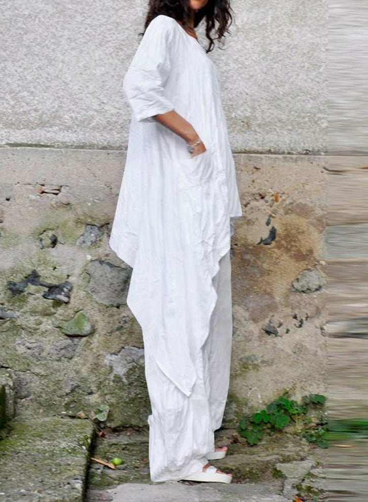 Loquat Women's Solid Casual Set Asymmetric Hem Top Blouse Loose Long Pants With Pockets 2 Piece Loungewear White  - Image 3