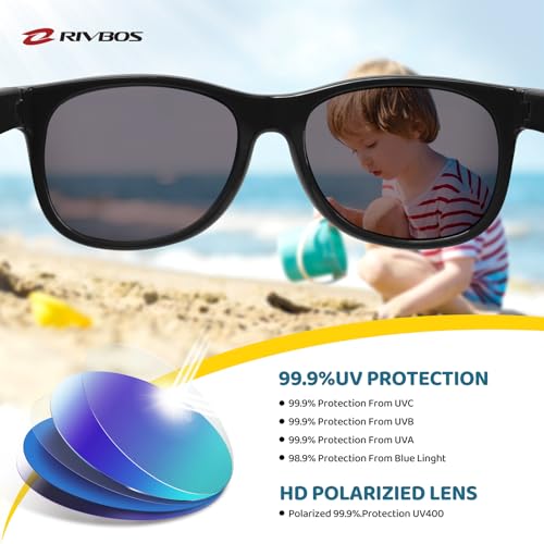 RIVBOS Kids Sunglasses Boys with Strap Polarized Rubber Flexible Shades for Toddler and Children Age 3-10 RBK004-2 Black Ice Green Lens - Image 3