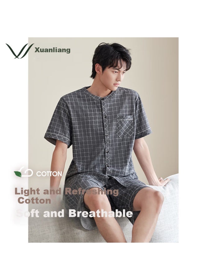 Xulen Men's Summer Thin Cotton Short Sleeve Round Neck Short Pants Pajama Set Suitable For Outdoor Wear - Image 1