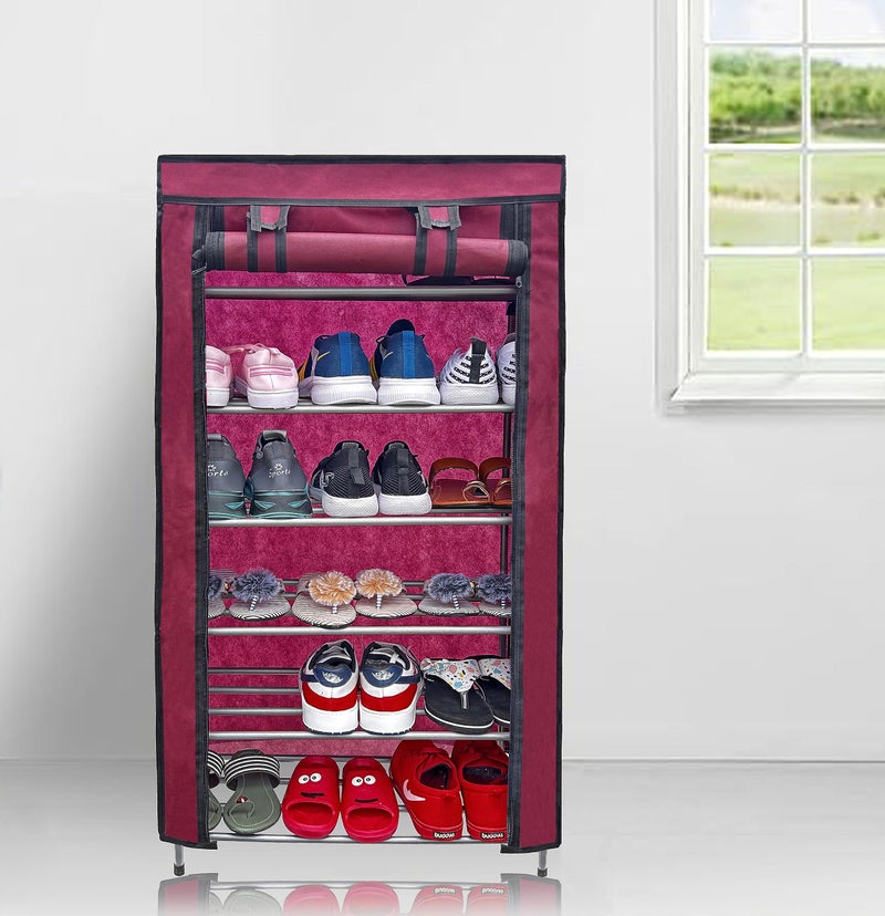 SANAMSTORE Multi Utility 6 Layer Metal Pipe with Non-Woven 100GSM Fabric Cover Shoe/Cloth/Toy/Books Rack-Maroon, Cm - Image 1