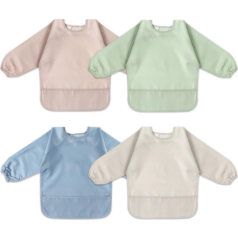 POIKSHARK 4 Pack Long Sleeve Bib, Reusable Bib with Catch-all Pocket, Waterproof Sleeved Smock for 6-30 Months Baby Boy or Girl - Blue - Image 1