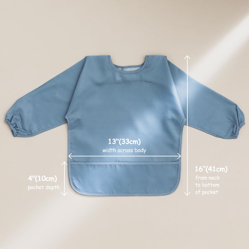 POIKSHARK 4 Pack Long Sleeve Bib, Reusable Bib with Catch-all Pocket, Waterproof Sleeved Smock for 6-30 Months Baby Boy or Girl - Blue - Image 2