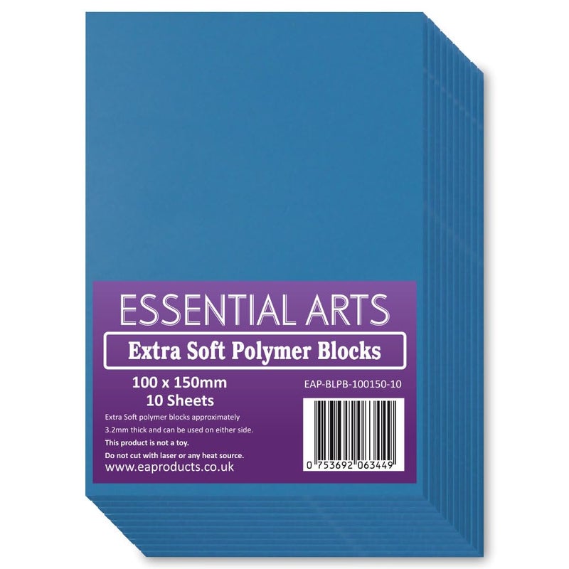 Extra Soft 100 x 150mm Double Sided Blue Polymer Blocks Pack of 10  32mm Super Soft Printing Sheets for Easy Lino Carving Art and Craft  by Essential Arts