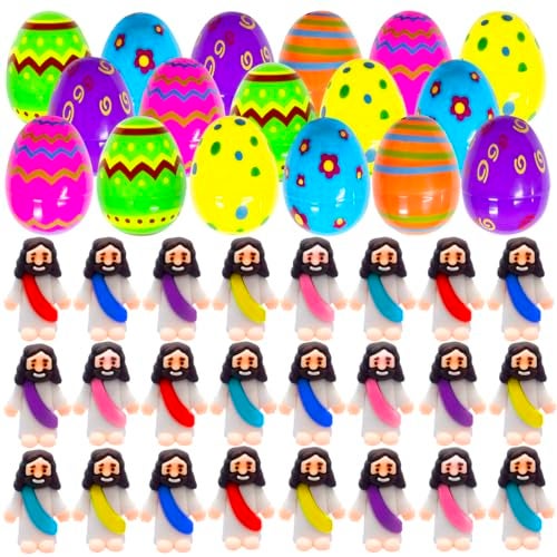 Cherislpy 24 Pcs Prefilled Easter Eggs with Mini Jesus Figurines Resin Toys Great for Kids Girls Boys Toddlers Easter Egg Hunt Fillers Easter Basket Stuffers Party Favors Gifts - Image 1