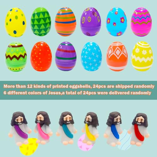 Cherislpy 24 Pcs Prefilled Easter Eggs with Mini Jesus Figurines Resin Toys Great for Kids Girls Boys Toddlers Easter Egg Hunt Fillers Easter Basket Stuffers Party Favors Gifts - Image 5