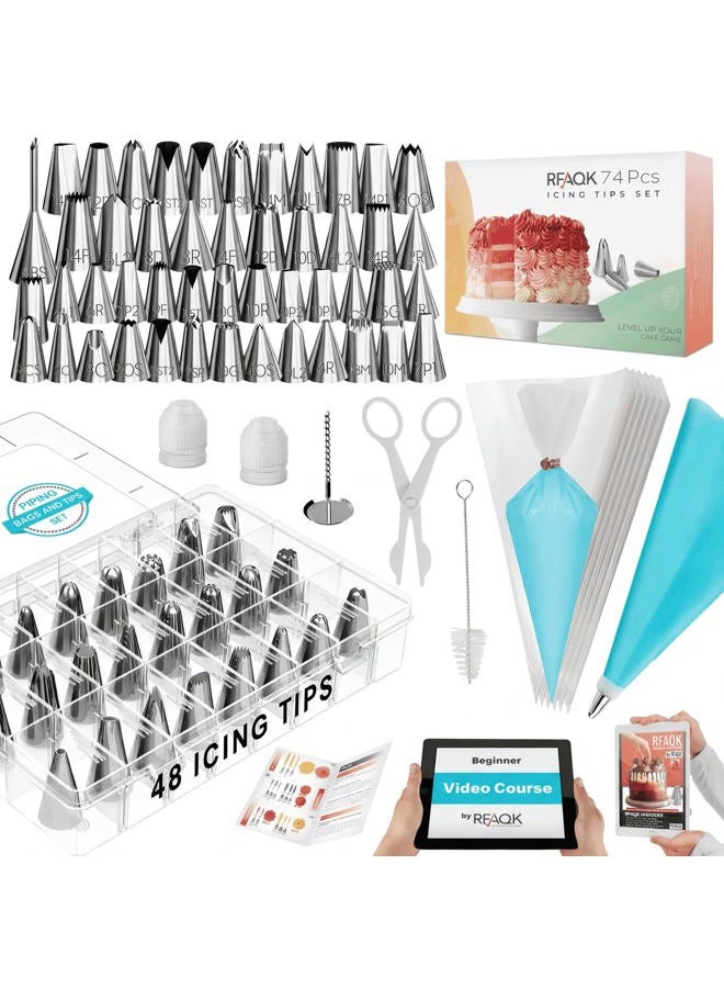 RFAQK 74PCs Icing Piping Bags and Tips Set-Cookie,Cupcake Icing Tips Cake Decorating Kit Baking Supplies -48 Numbered Cake Frosting Piping Tips with Reusable& Disposable Pastry Bags with Pattern Chart&Ebook - Image 1