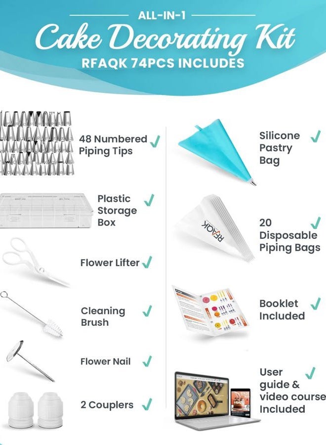 RFAQK 74PCs Icing Piping Bags and Tips Set-Cookie,Cupcake Icing Tips Cake Decorating Kit Baking Supplies -48 Numbered Cake Frosting Piping Tips with Reusable& Disposable Pastry Bags with Pattern Chart&Ebook - Image 3