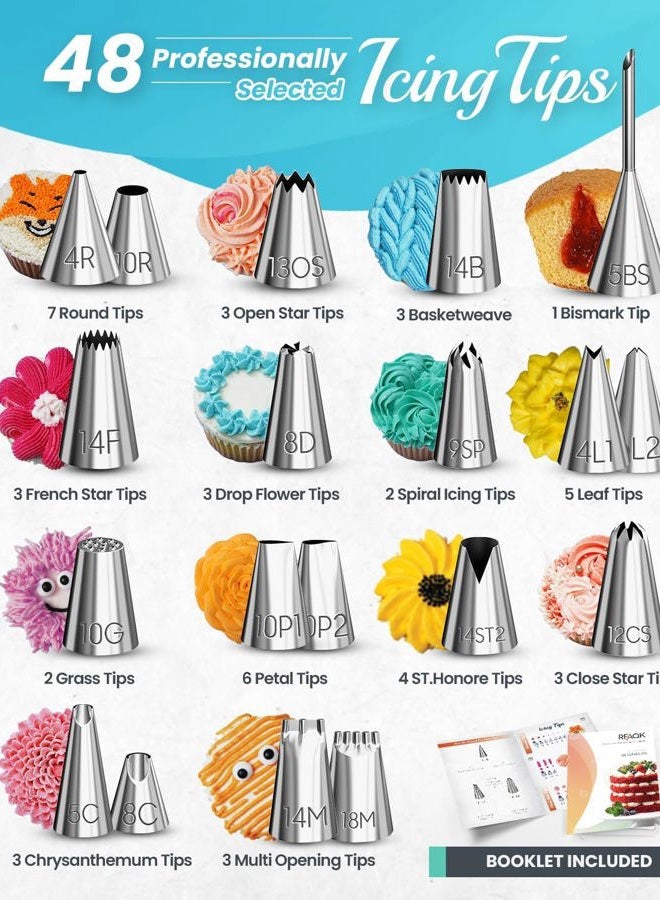 RFAQK 74PCs Icing Piping Bags and Tips Set-Cookie,Cupcake Icing Tips Cake Decorating Kit Baking Supplies -48 Numbered Cake Frosting Piping Tips with Reusable& Disposable Pastry Bags with Pattern Chart&Ebook - Image 4