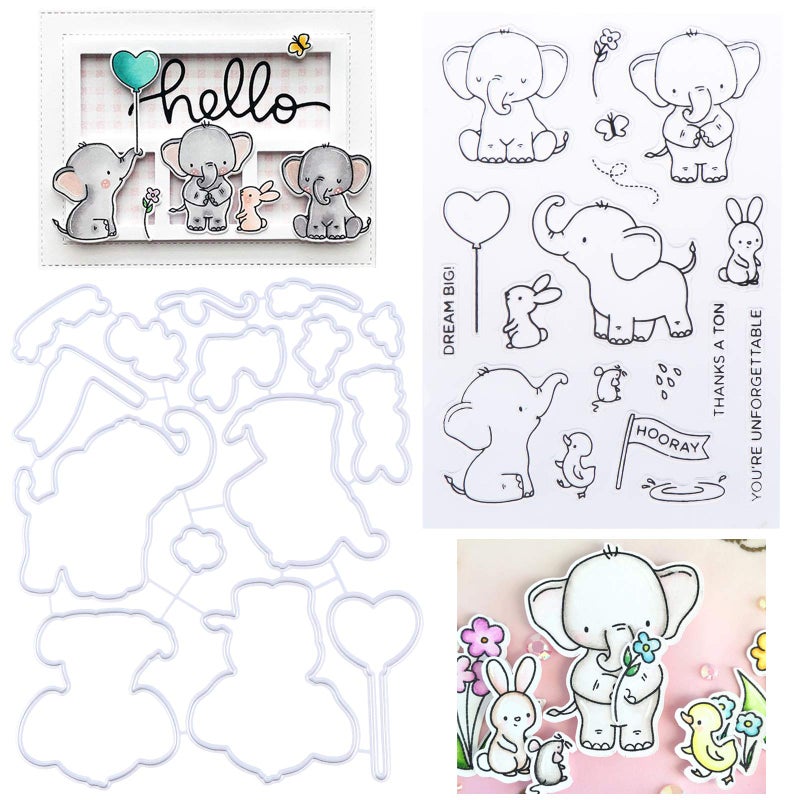Elephant Friends Die Cuts with Elephant Stamp Seal DIY Embossing Cutting Dies 3D Stencil Template Metal Cut Dies for Scrapbook Album Flowers Leaves Envelope Gift Paper Card Dies Decoration