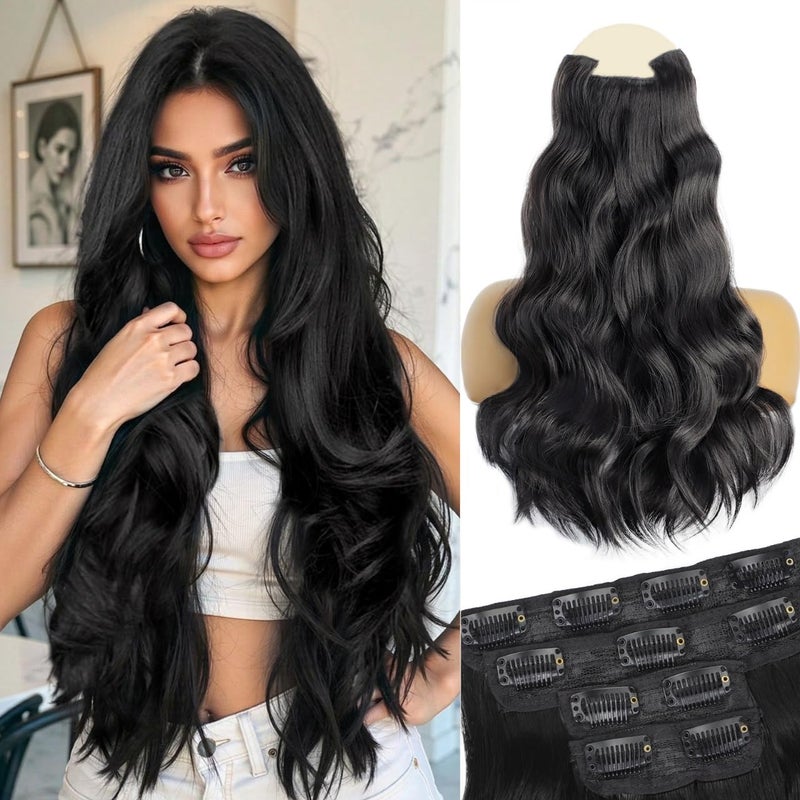 Vigorous Clip in Hair Extensions 4Pcs Black Hair Extension 24 Inch Long Wavy Soft Synthetic Hairpieces for Women - Image 1