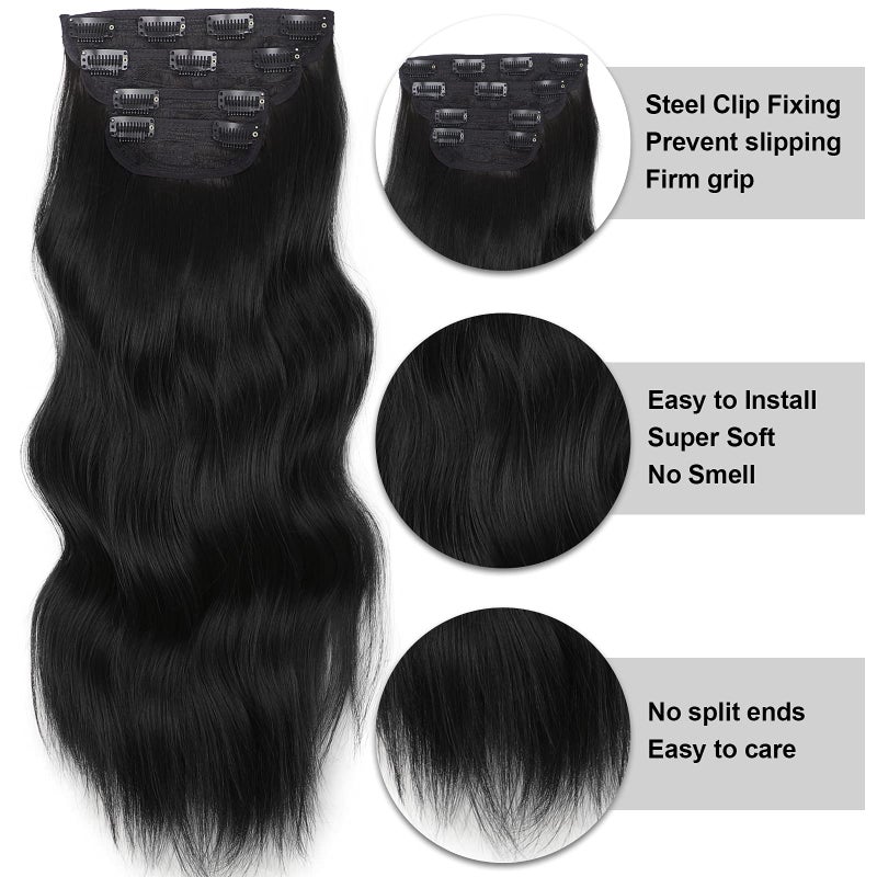 Vigorous Clip in Hair Extensions 4Pcs Black Hair Extension 24 Inch Long Wavy Soft Synthetic Hairpieces for Women - Image 2