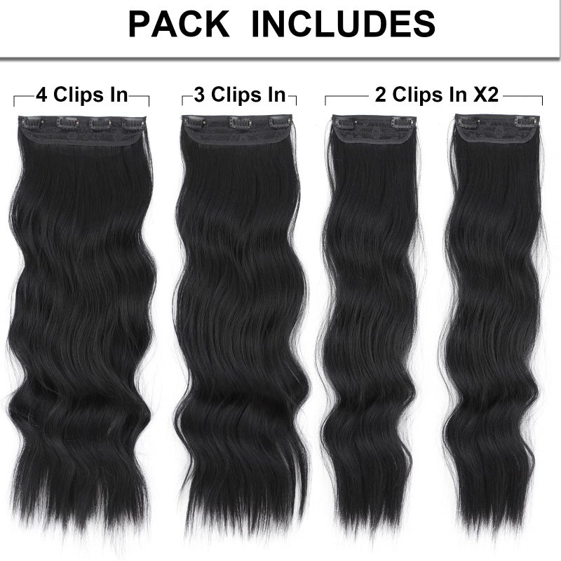 Vigorous Clip in Hair Extensions 4Pcs Black Hair Extension 24 Inch Long Wavy Soft Synthetic Hairpieces for Women - Image 3