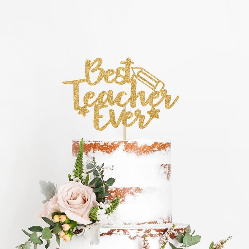 Yotawebery Gold Glitter Best Teacher Ever Cake Topper  Thank You For All You Do  Teacher's Birthday  Thanks Teacher  Welcome Back to School Party Decorations - Image 4