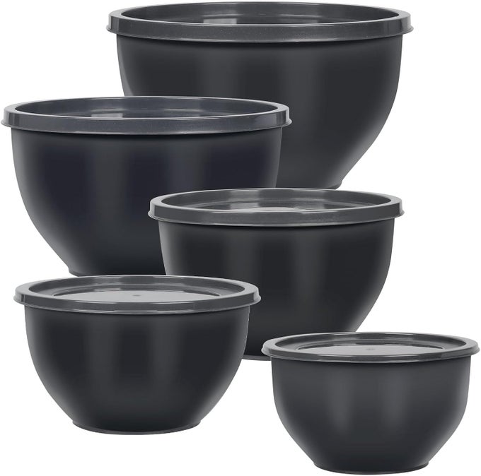 PLASTIC MIXING BOWLS SET WITH LIDS NESTING BOWLS FOR PREPPING SERVING COOKING BAKING LARGE MIXING SALAD BOWL FOR KITCHEN STORAGE DISHWASHER MICROWAVE SAFE SET OF 5GRAY