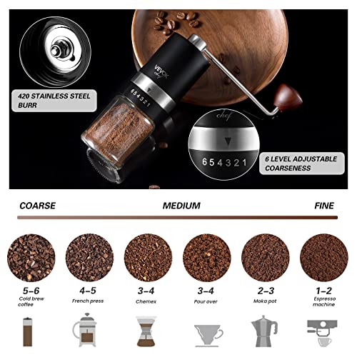 VEVOK CHEF Manual Coffee Grinder Hand Coffee Grinder 6 External Adjustable Setting Stainless Steel Conical Burr Coffee Mill Portable Hand Crank Coffee Bean Grinder Fine for Espresso - Image 2