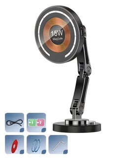 15W Magnetic Wireless Car Charger & Phone Holder with MagSafe, 360° Adjustable Mount, Transparent Design for iPhone and Android - Universal Car Phone Mount with Fast Charging & Anti-Slip Base
