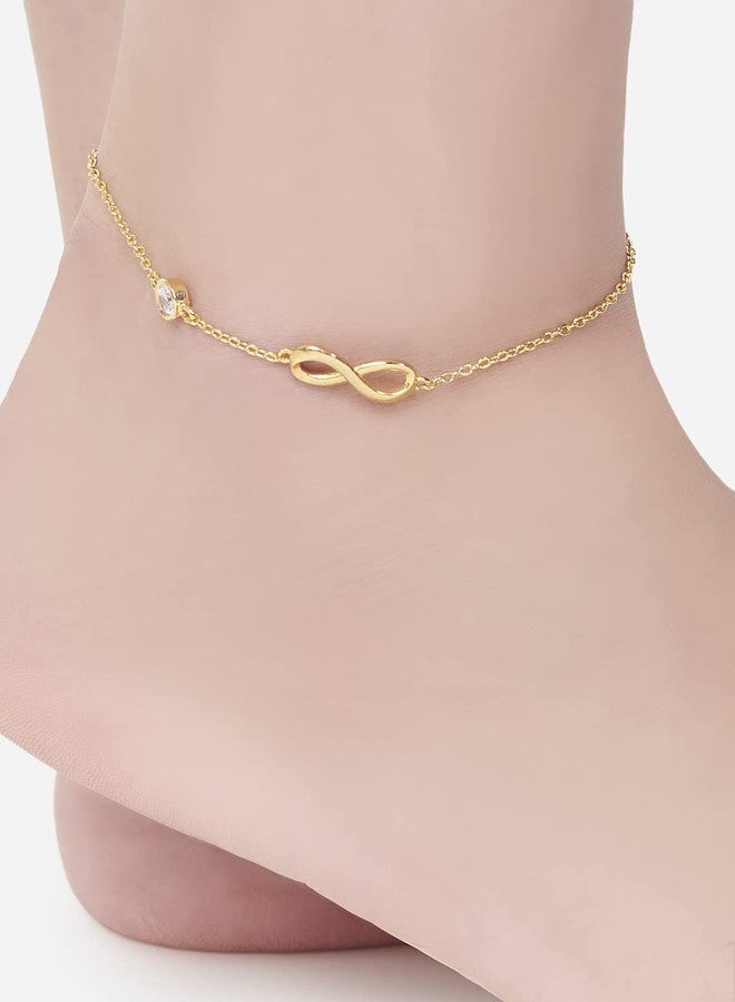 MINUTIAE Infinity Shape Anklet With Solitaire Crystal Diamonds Painjan Payal Leg Chain Foot Jewellery For Women and Girls (Gold) - Image 2