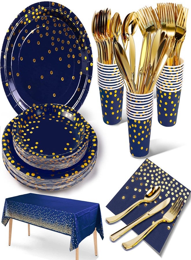 Nkaiso 141 Pieces Navy Blue Gold Party Supplies, Disposable Party Decorations Sets Include Paper Plates Napkins Cups, Plastic Forks Knives Spoons, for Baby Shower Birthday Wedding -20 Guests - Image 1
