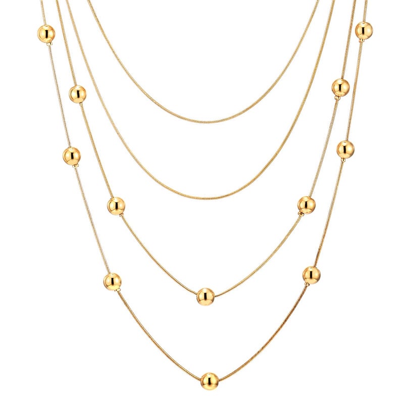 COOLSTEELANDBEYOND Gold Tone Layered Station Bead Necklace for Women, Multi-Strand Long Chain Statement Minimalist Everyday Jewelry - Image 3
