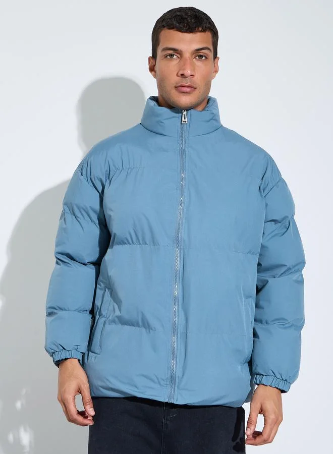 Styli  Men Blue Plain Oversized Puffer Jacket for Men | Best Price UAE