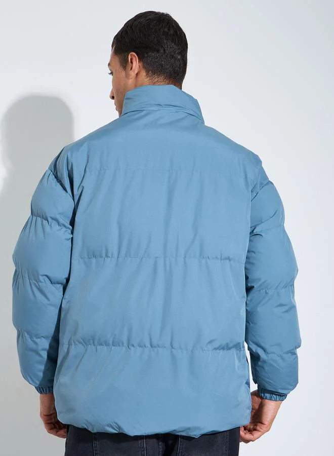 Styli  Men Blue Plain Oversized Puffer Jacket for Men | Best Price UAE