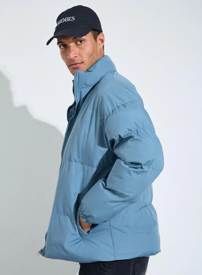 Men Blue Plain Oversized Puffer Jacket