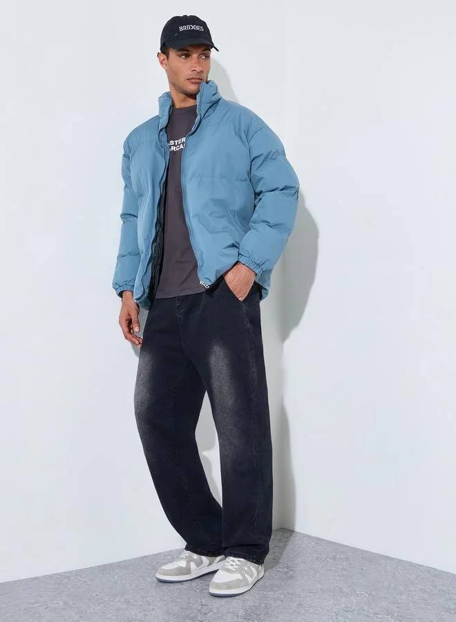 Styli  Men Blue Plain Oversized Puffer Jacket for Men | Best Price UAE