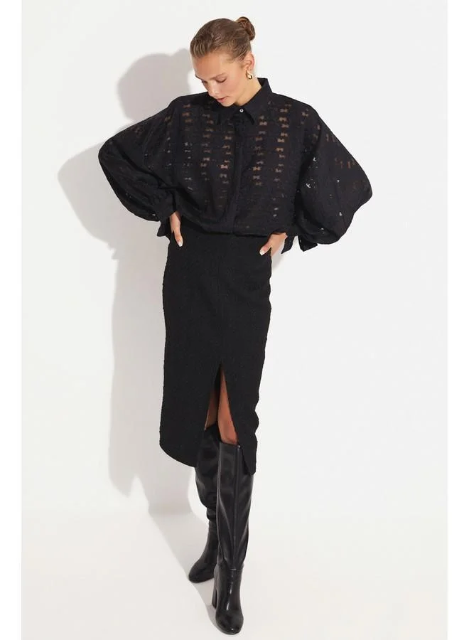 JUNE June Women Exclusive Boyfriend/Wide Fit Viscose Blend Transparent Embroidered Sleeve Detailed Shirt Black