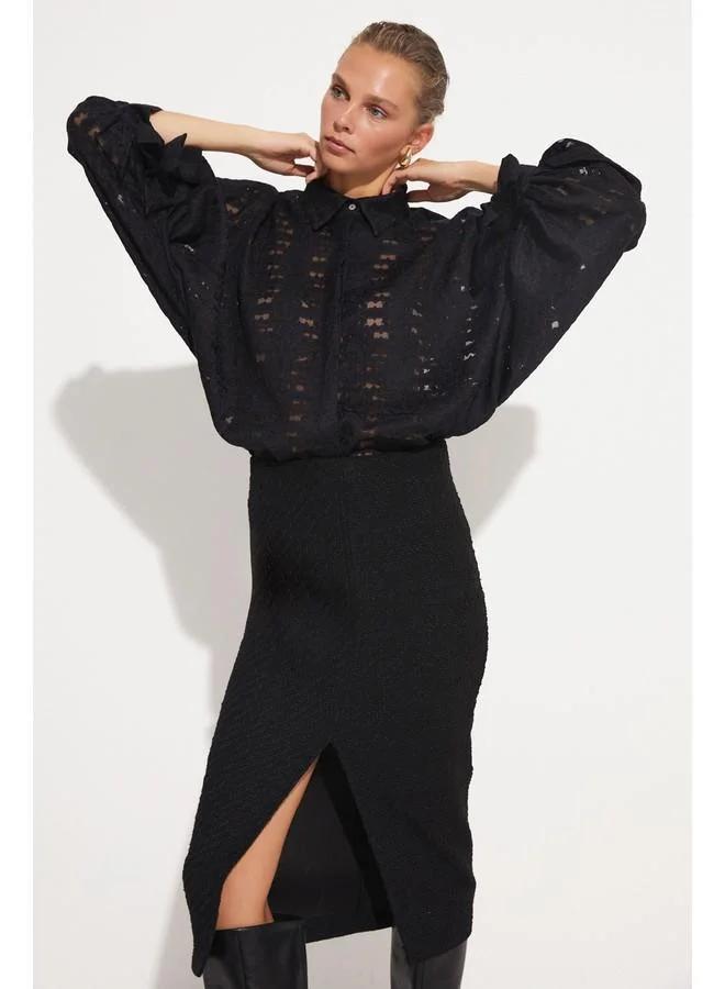 JUNE June Women Exclusive Boyfriend/Wide Fit Viscose Blend Transparent Embroidered Sleeve Detailed Shirt Black