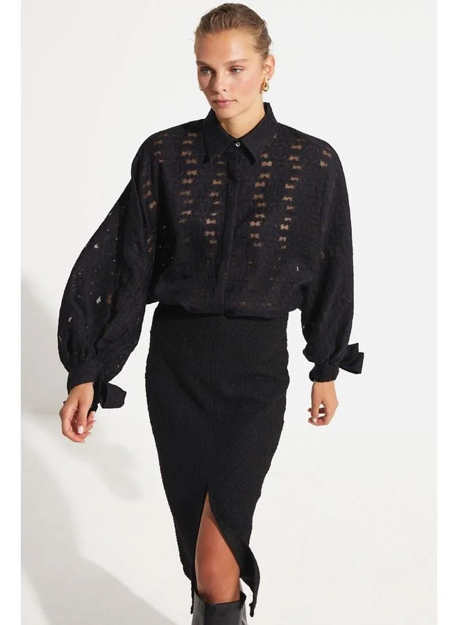 JUNE June Women Exclusive Boyfriend/Wide Fit Viscose Blend Transparent Embroidered Sleeve Detailed Shirt Black
