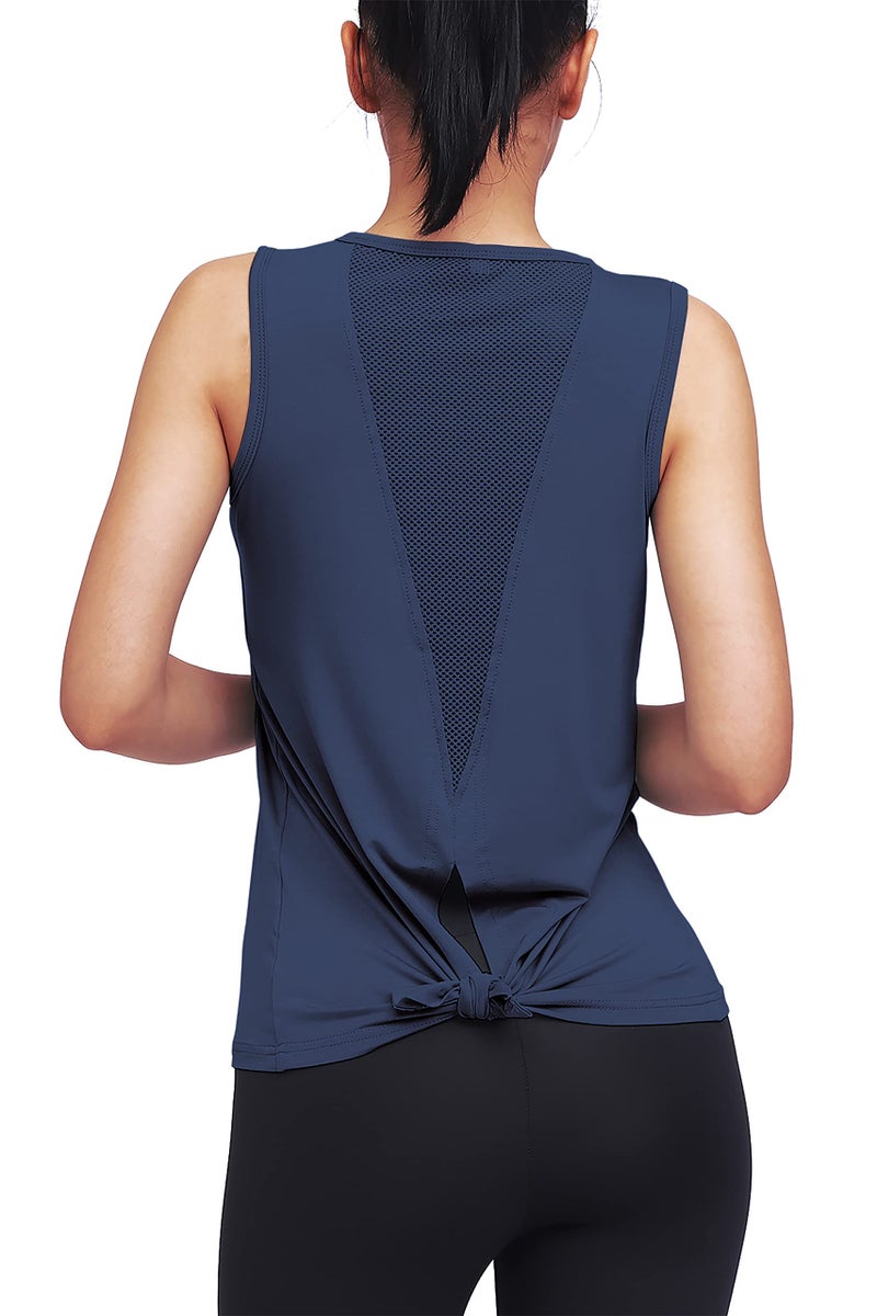 Mippo Workout Tops for Women Yoga Clothes Running Shirts Tie Back Tanks Tennis Shirts Athletic Exercise Tops Navy Blue S - Image 5