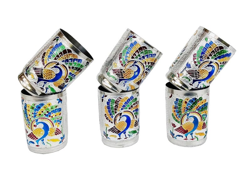 Copper Crafts Stainless SteelMeena Worked Silver 6 Glass Serving Set Dinning Set Tableware Home Utility Glass Set Silver Peacock Glass6 - Image 1