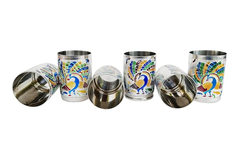 Copper Crafts Stainless SteelMeena Worked Silver 6 Glass Serving Set Dinning Set Tableware Home Utility Glass Set Silver Peacock Glass6 - Image 2