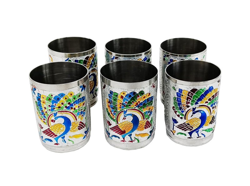 Copper Crafts Stainless SteelMeena Worked Silver 6 Glass Serving Set Dinning Set Tableware Home Utility Glass Set Silver Peacock Glass6 - Image 3