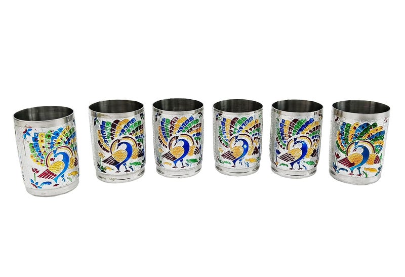Copper Crafts Stainless SteelMeena Worked Silver 6 Glass Serving Set Dinning Set Tableware Home Utility Glass Set Silver Peacock Glass6 - Image 5