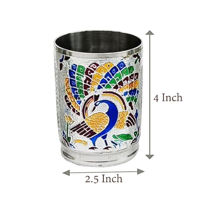 Copper Crafts Stainless SteelMeena Worked Silver 6 Glass Serving Set Dinning Set Tableware Home Utility Glass Set Silver Peacock Glass6 - Image 4