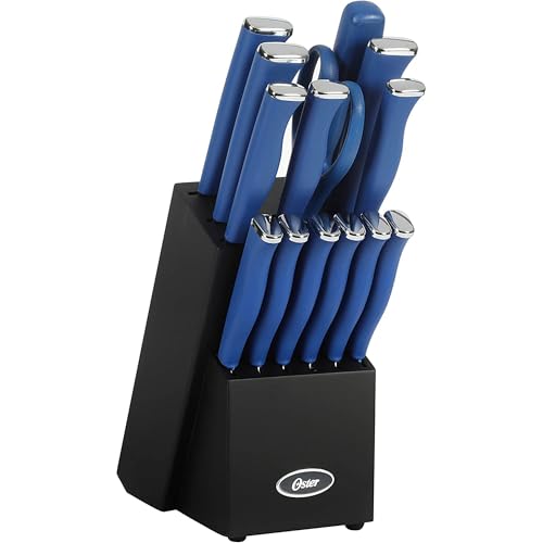 Oster Langmore 15 Piece Stainless Steel Cutlery Knife Block Set W/Black Box – Classic Blue Handles - Image 1