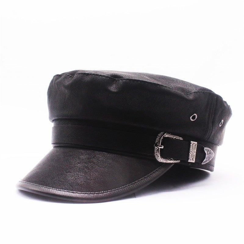 Naval Cap Autumn Winter Internet Celebrity PU Leather Japanese  Octagonal Hat - Image 1