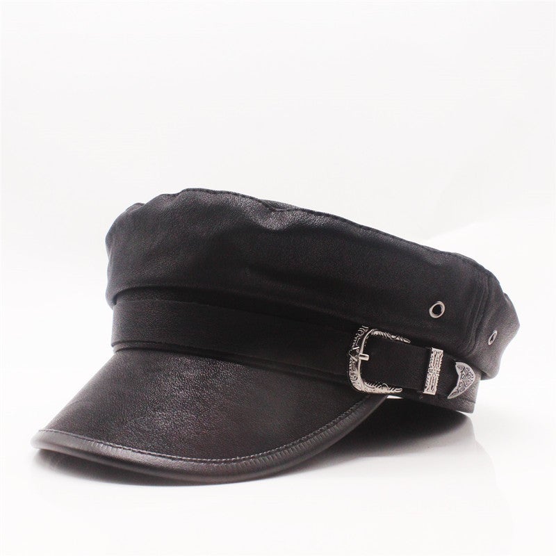 Naval Cap Autumn Winter Internet Celebrity PU Leather Japanese  Octagonal Hat - Image 2