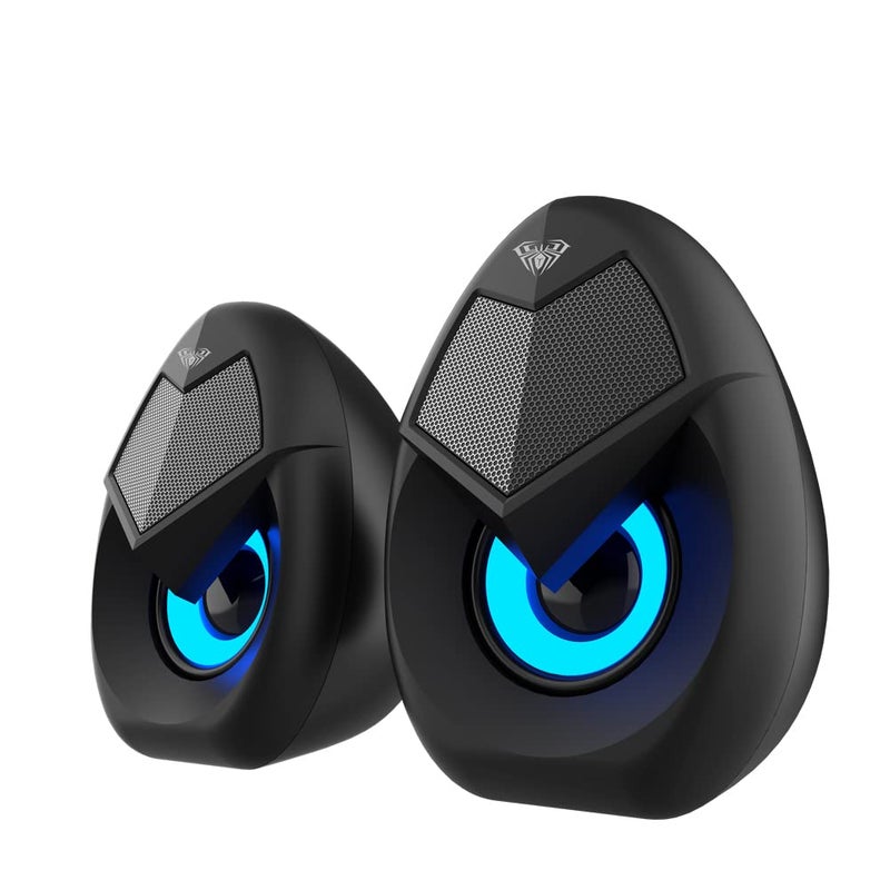 AULA N69 Computer Speakers, USB 2.0 Powered PC Speakers with RGB LED Lights, Stereo Surround Sound, 3.5mm AUX-in Wired Desktop Speaker for PC, Laptop, Tablet, Cellphone - Black - Image 1