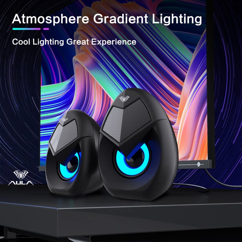 AULA N69 Computer Speakers, USB 2.0 Powered PC Speakers with RGB LED Lights, Stereo Surround Sound, 3.5mm AUX-in Wired Desktop Speaker for PC, Laptop, Tablet, Cellphone - Black - Image 5