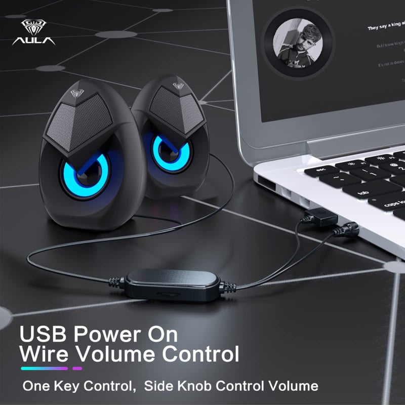 AULA N69 Computer Speakers, USB 2.0 Powered PC Speakers with RGB LED Lights, Stereo Surround Sound, 3.5mm AUX-in Wired Desktop Speaker for PC, Laptop, Tablet, Cellphone - Black - Image 4