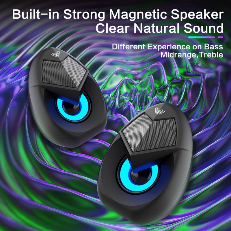 AULA N69 Computer Speakers, USB 2.0 Powered PC Speakers with RGB LED Lights, Stereo Surround Sound, 3.5mm AUX-in Wired Desktop Speaker for PC, Laptop, Tablet, Cellphone - Black - Image 3