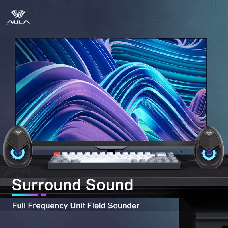 AULA N69 Computer Speakers, USB 2.0 Powered PC Speakers with RGB LED Lights, Stereo Surround Sound, 3.5mm AUX-in Wired Desktop Speaker for PC, Laptop, Tablet, Cellphone - Black - Image 2