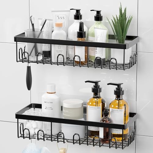 iSTAR Stainless Steel Self Adhesive Multipurpose Bathroom Shelves with Hooks Wall Mount Storage Shelf Racks Bathroom Accessories Organizer, (Black,Powder Coated) Pack of 2 - Image 1
