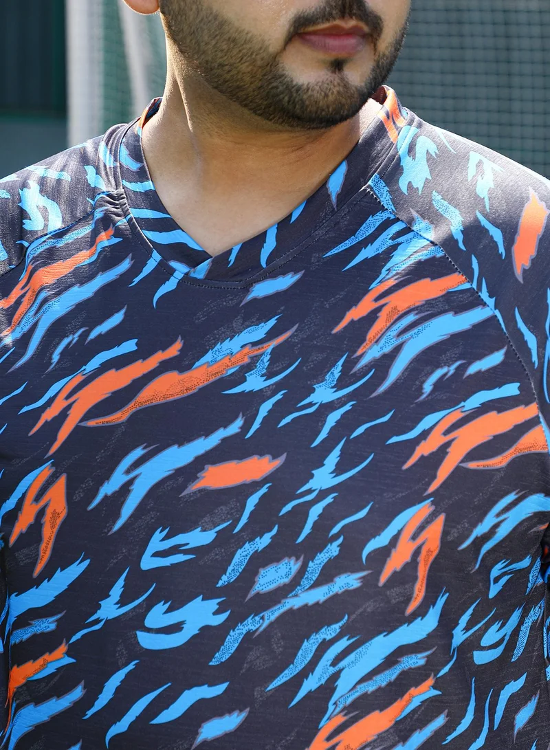Instafab Plus Instafab Plus Men's Sky Blue & Charcoal Black Block-Swirl Activewear T-Shirt For Casual Wear | V-Neck | Short Sleeves | Plus Size Jersey T-Shirt Crafted With Comfort Fit For Everyday Wear