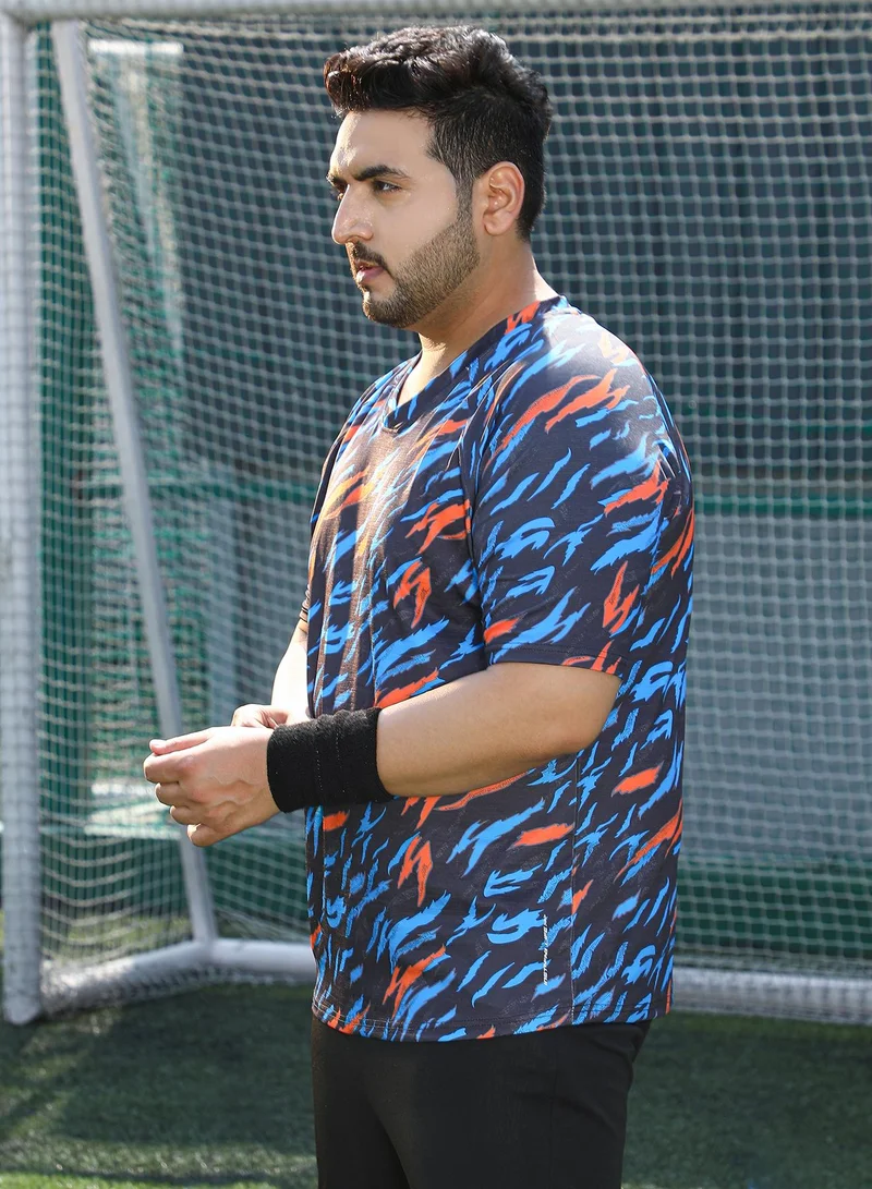 Instafab Plus Instafab Plus Men's Sky Blue & Charcoal Black Block-Swirl Activewear T-Shirt For Casual Wear | V-Neck | Short Sleeves | Plus Size Jersey T-Shirt Crafted With Comfort Fit For Everyday Wear