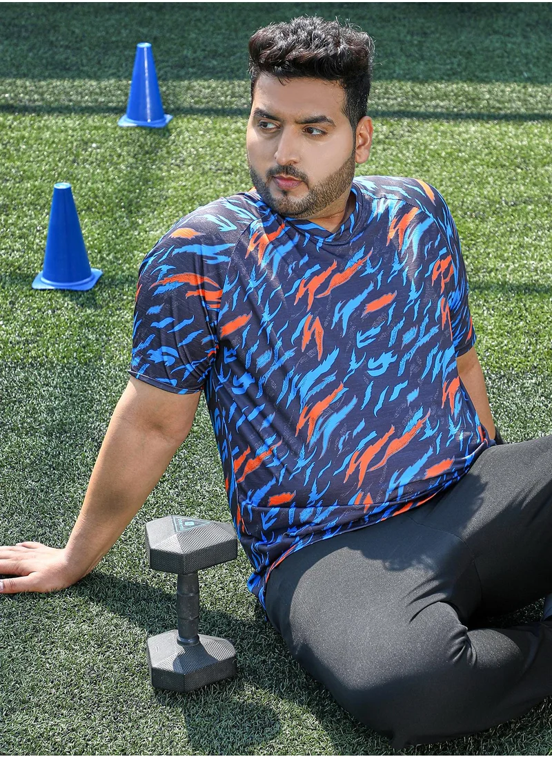 انستافاب بلس Instafab Plus Men's Sky Blue & Charcoal Black Block-Swirl Activewear T-Shirt For Casual Wear | V-Neck | Short Sleeves | Plus Size Jersey T-Shirt Crafted With Comfort Fit For Everyday Wear